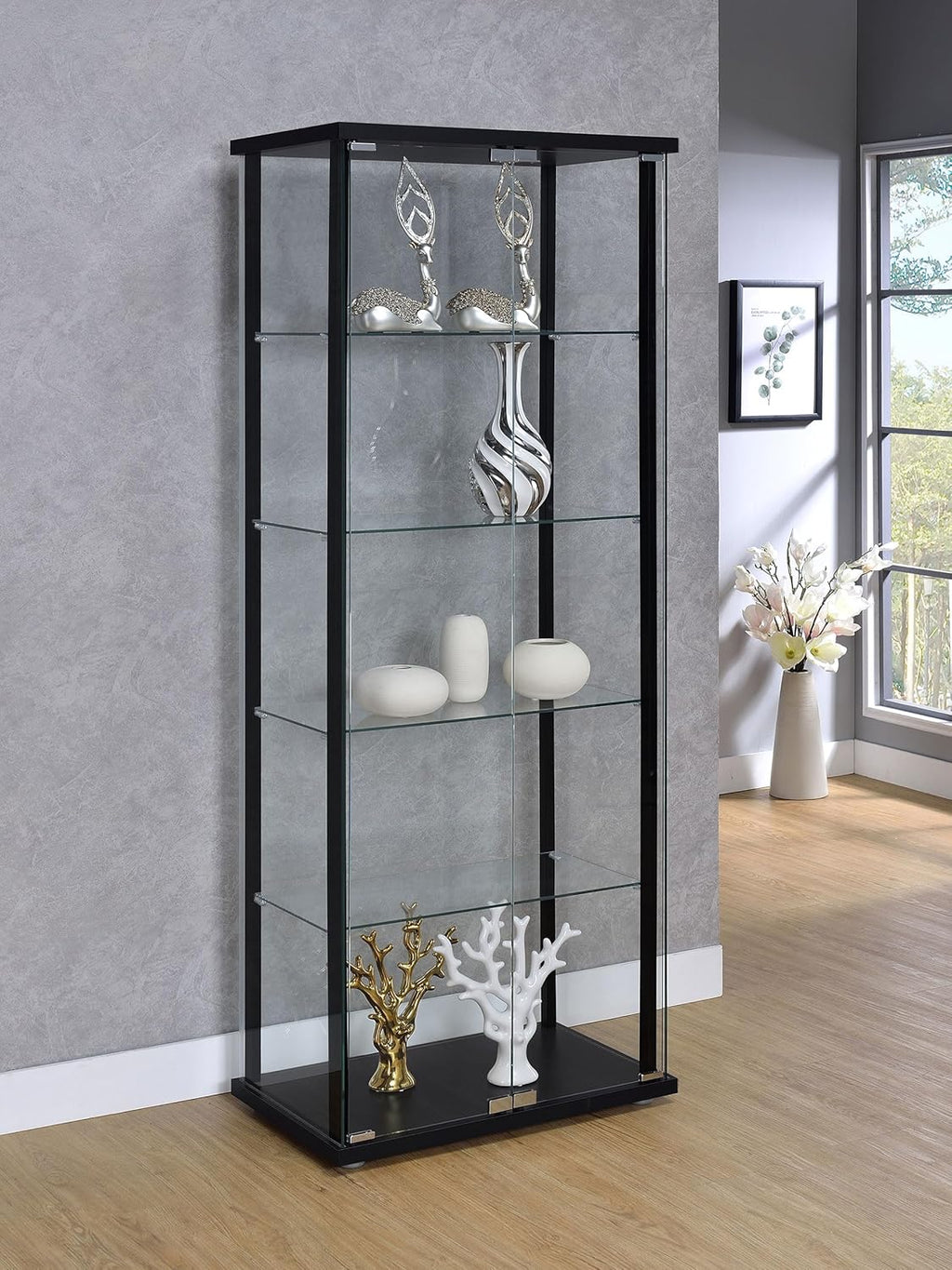 Coaster Home Furnishings - Delphinium - Glass - 4-Shelf Curio Cabinet with Wood Top and Base, Two Doors, and Chrome Hardware - Living Room - 64-Inch - Black - 950170