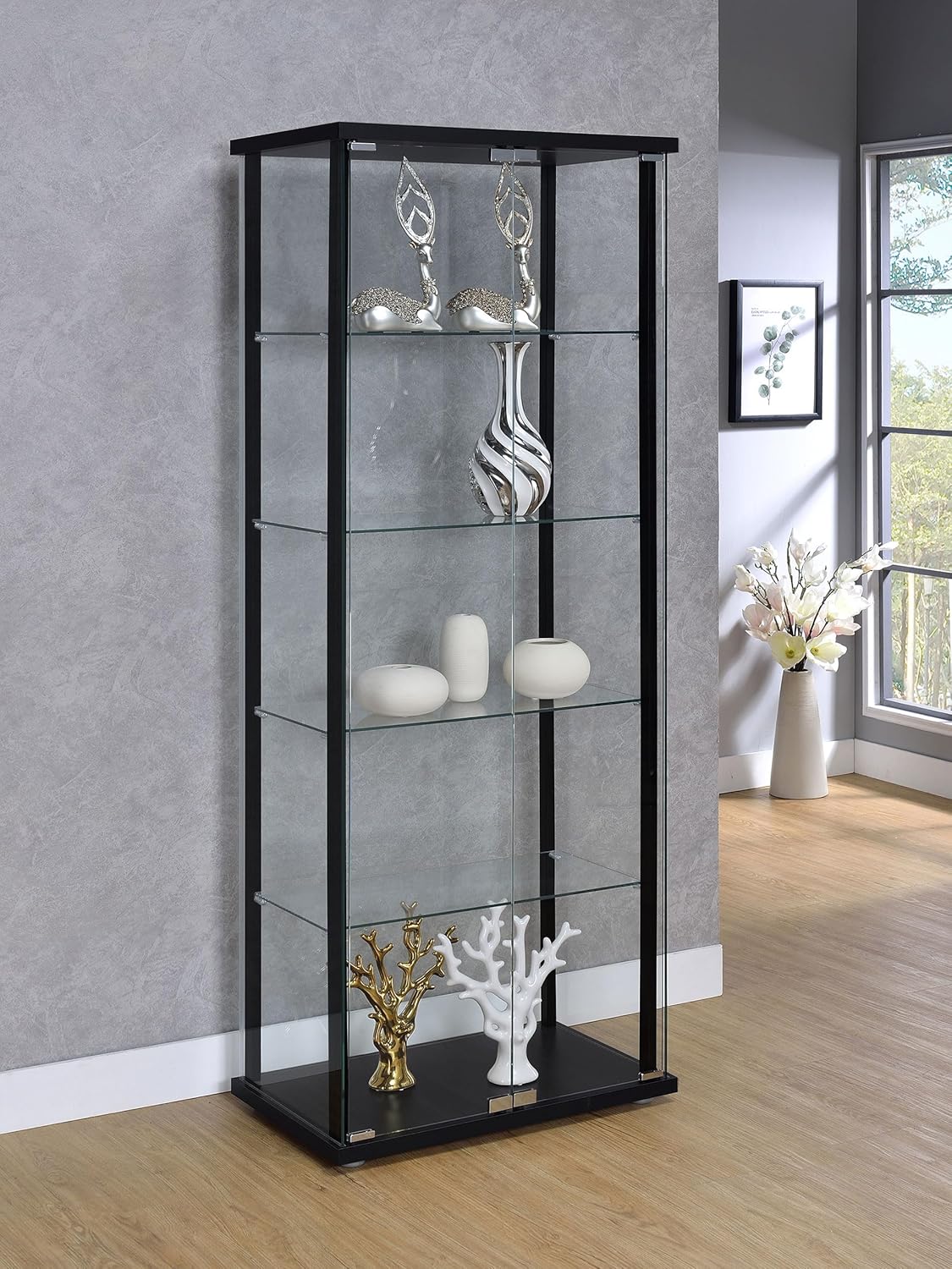 Coaster Home Furnishings - Delphinium - Glass - 4-Shelf Curio Cabinet with Wood Top and Base, Two Doors, and Chrome Hardware - Living Room - 64-Inch - Black - 950170