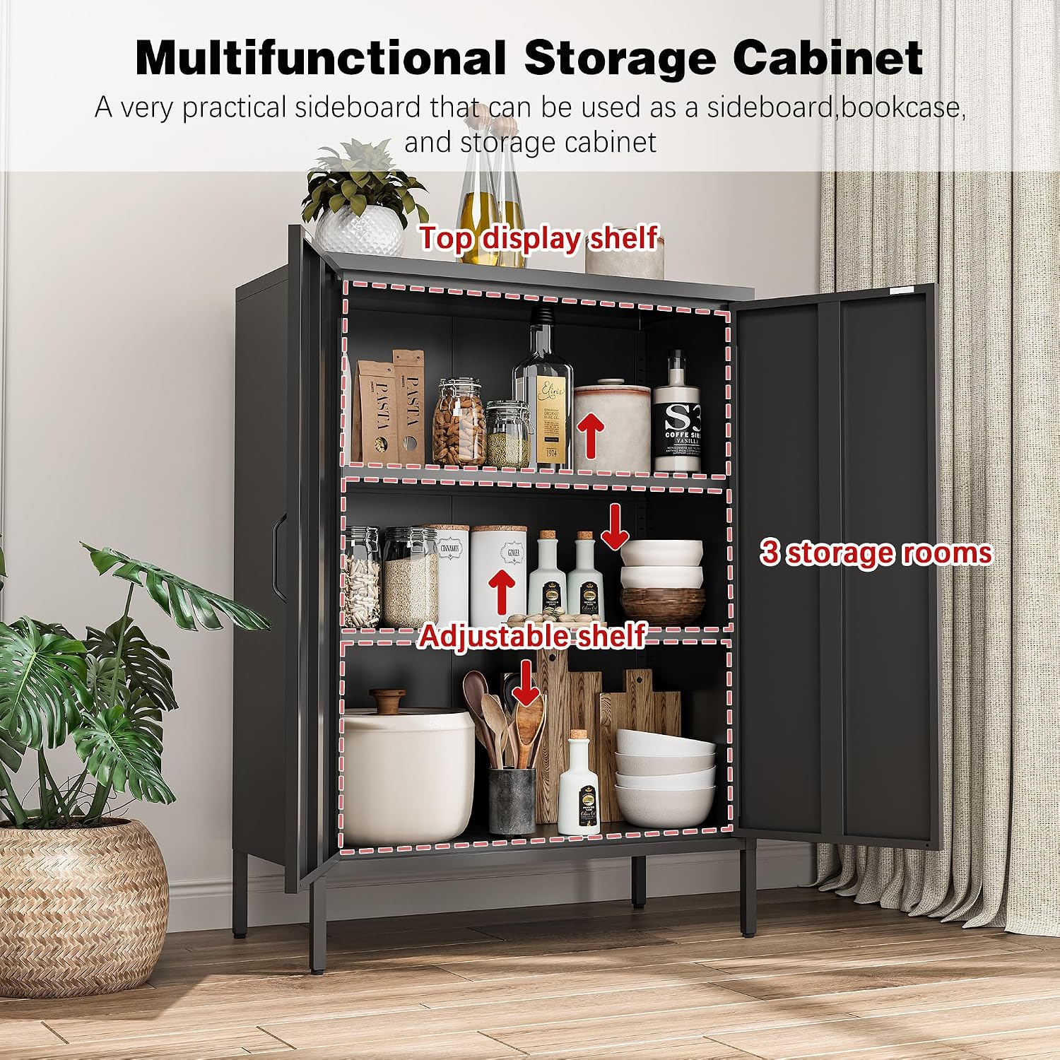 Bevivog Metal Locker Storage Cabinet, Home Office Metal Storage Cabinet Small Sideboard with 2 Doors and 2 Adjustable Shelves,40' Counter Cabinets for Office Garage Bathroom Living Room Hallway