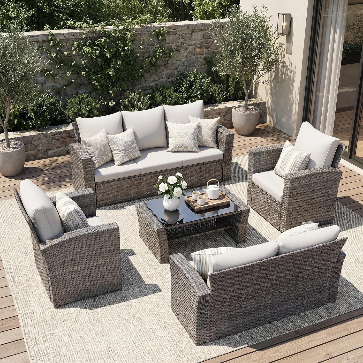 Wisteria Lane Patio Furniture Set, 5 Pieces Wicker Outdoor Furniture for All Weather, Patio Sofa with High Backrest Support and Wide Armrest for Backyard, Balcony, Deck, Porch, Light Gray