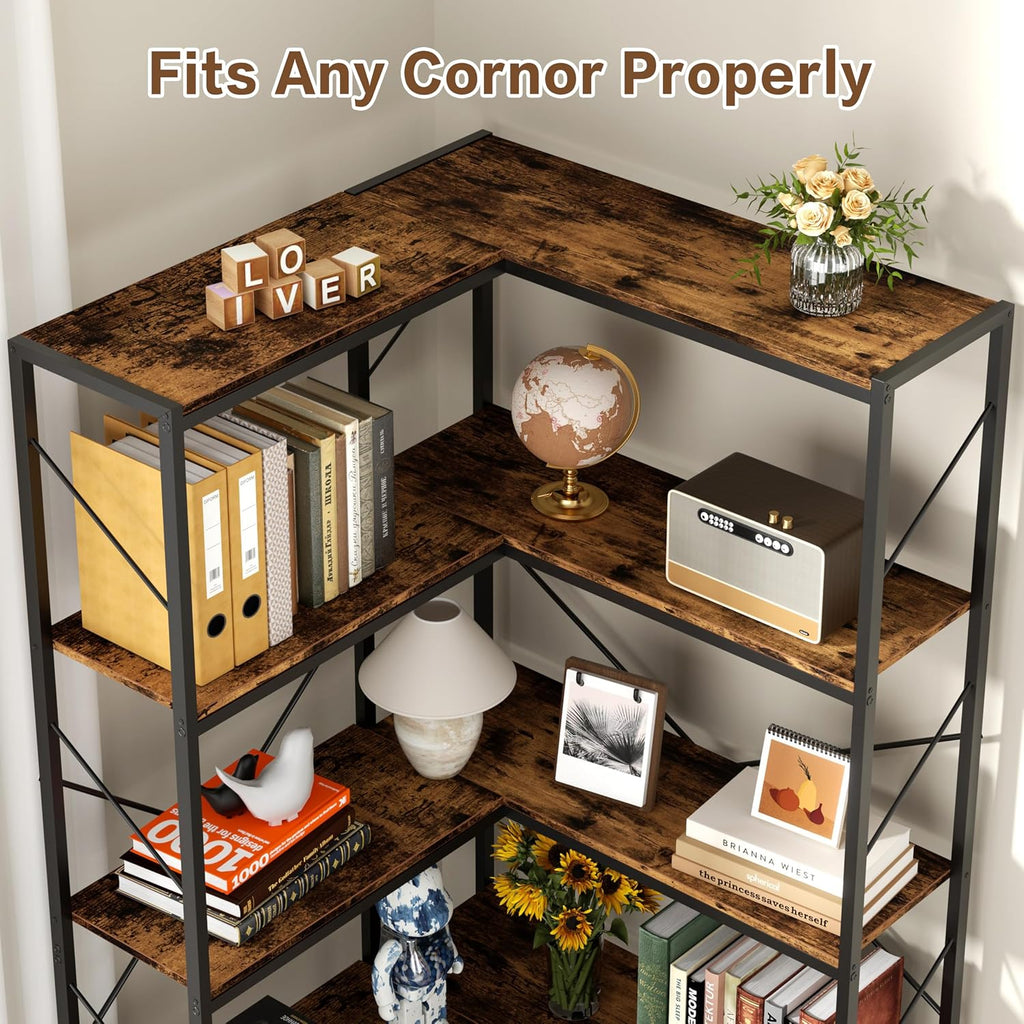 5 Tiers Corner Bookshelf, L-Shaped Bookcase Storage Organizer, Display Shelf Free Standing Book Shelf for Home Office, Living Room, Kitchen, Bedroom, Rustic Brown