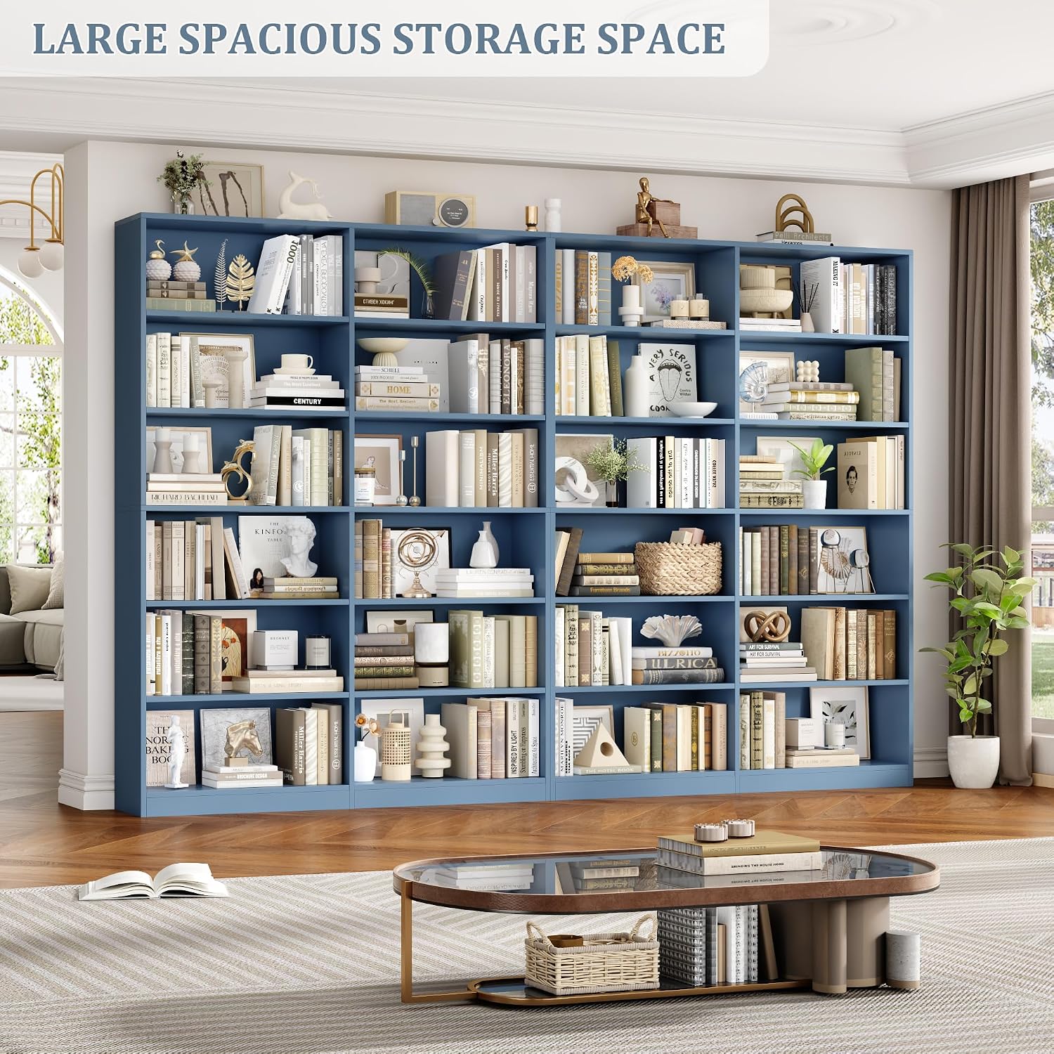 FACBOTALL Bookshelf and Bookcase, 6-Tier Double Wide Bookshelves, Freestanding Display Storage Shelves, Tall Bookcases for Home Decor Bedroom, Living Room, Home Office, Blue