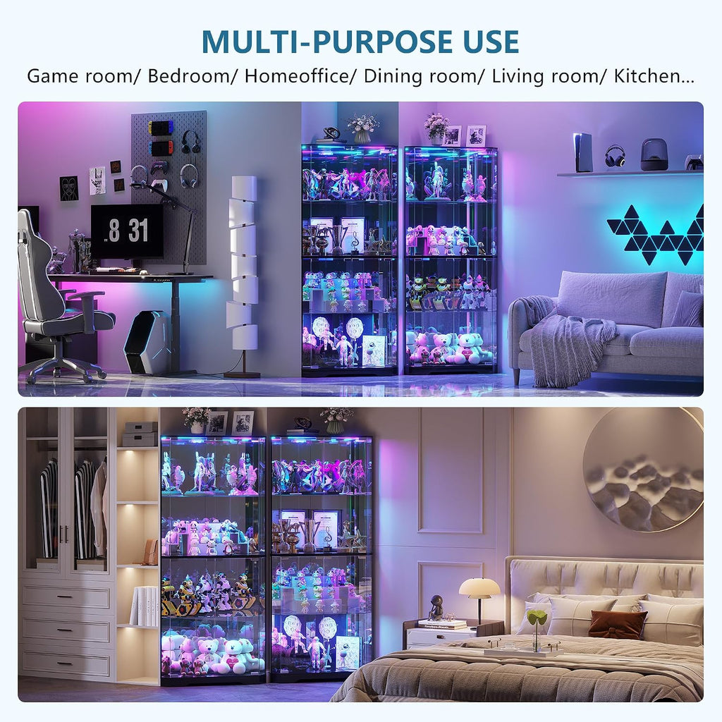 TAGELIER Corner Display Cabinet with Glass Doors, 64.7' Tall Curio Cabinet with RGB Lights for Collectibles, 4-Tier Showcase Display Case with Human Sensor for Toys, Books, Black