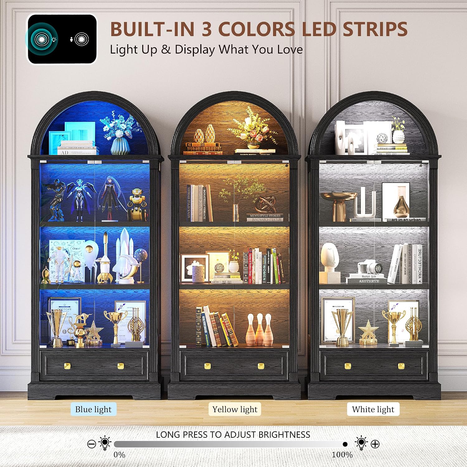 TAGELIER Display Cabinet with Glass Doors, 72' Tall Arched Curio Cabinet with Human Sensor Lights, 4-Tier Glass Display Case for Collectibles Bookcase Living Room Office, Black