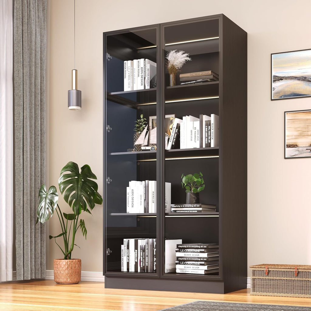 Wildhome Wooden Display Storage Cabinet with Glass Door, LED Lights,Showcase for Collections, Perfume, Vinyl Albums, Bookcase for Home Office, Living Room, Clinic, Pantry (Black- 4 Layers)