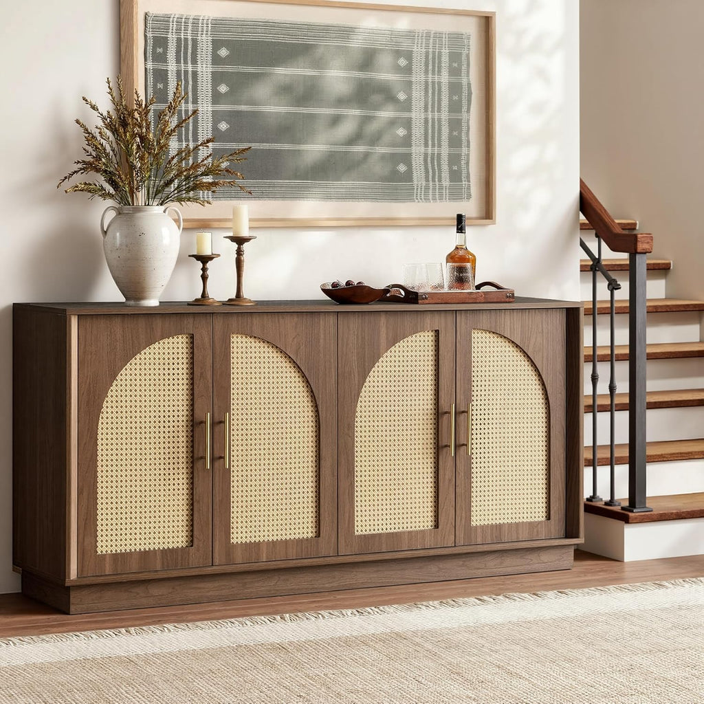 FORTUNETEC 63' Sideboard Buffet Cabinet with Storage, Modern Accent Cabinet with Rattan Arched Doors, Modular Media Console, Boho Credenza for Living Room Kitchen Dining Room Entryway, Walnut
