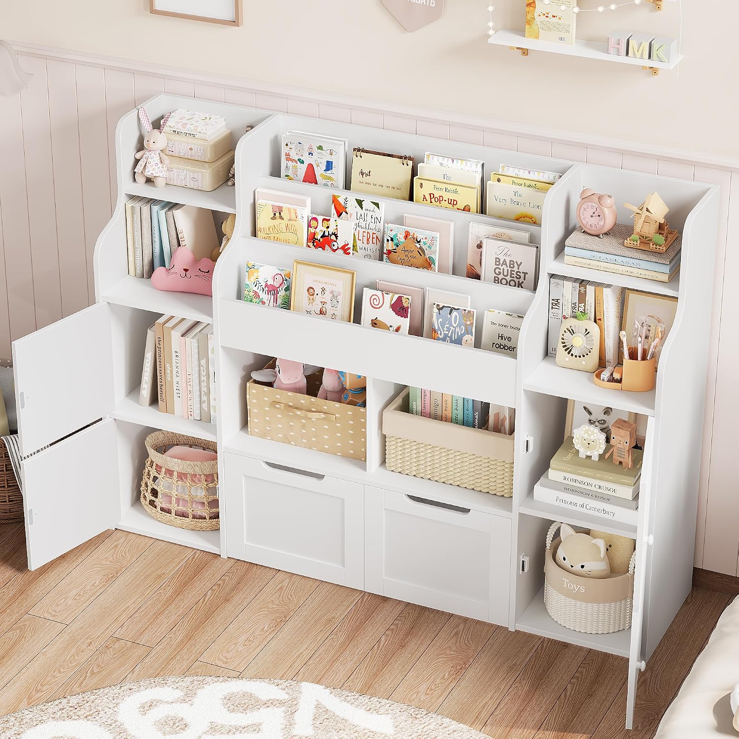 FINETONES Toy Storage Organizer, Large Toy Organizers and Storage with 8 Storage Cubbies and 2 Movable Drawers, Toy Shelf Organizer with 4 Display Shelves, 3-Tier Kids Bookshelf and Toy Storage