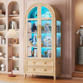 Vlsrka 71' Arched Curio Cabinet with Glass Doors, 4-Shelves Display Cabinet and 2 Drawers, Display Case with 3 Color Lights, Tall Bookcase, Kitchen Pantry, Wood Color