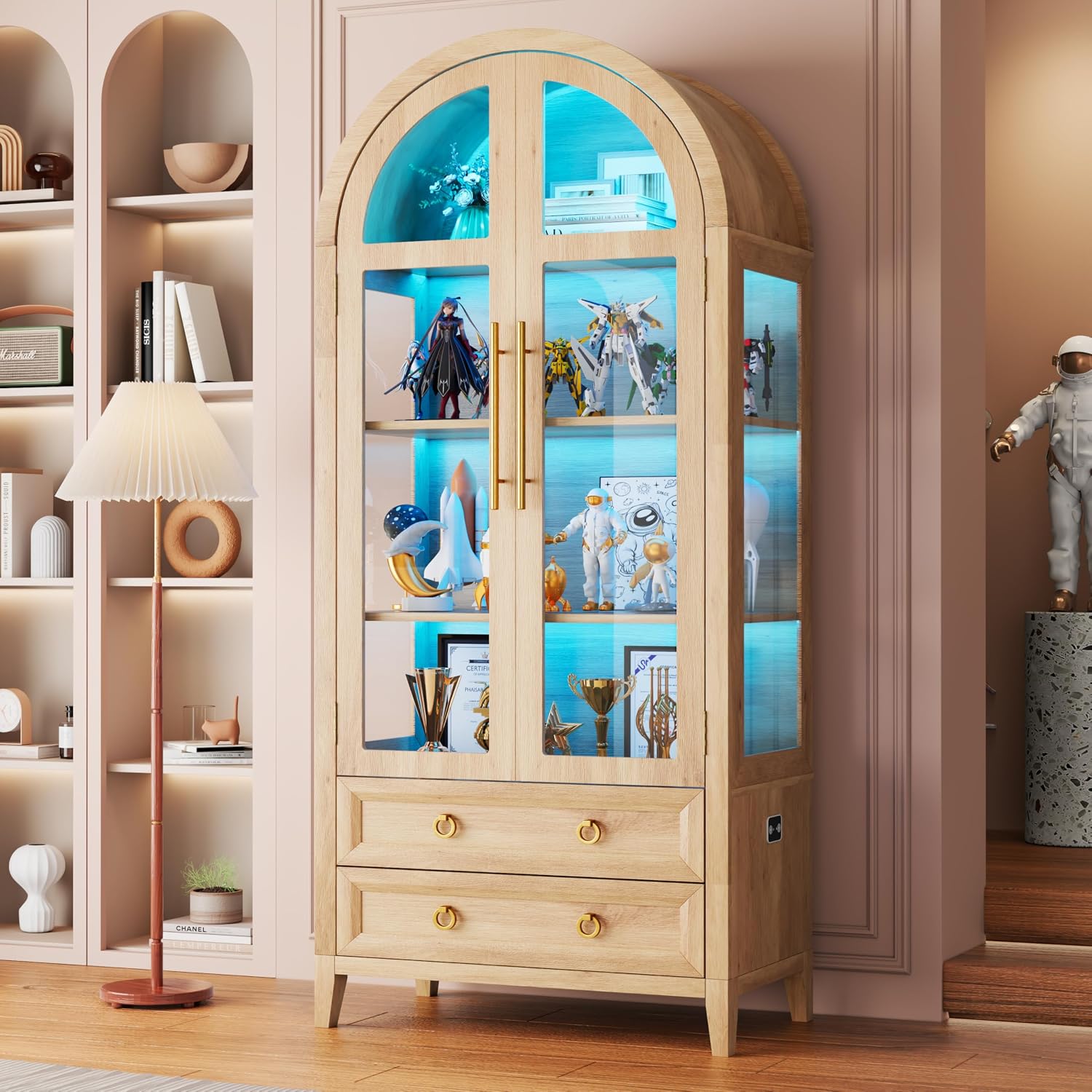 Vlsrka 71' Arched Curio Cabinet with Glass Doors, 4-Shelves Display Cabinet and 2 Drawers, Display Case with 3 Color Lights, Tall Bookcase, Kitchen Pantry, Wood Color
