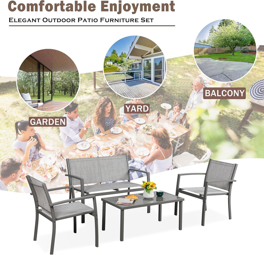 Vongrasig 4 Pieces Patio Furniture Sets,Outdoor Patio Conversation Sets with Glass Coffee Table, Small Porch Balcony Furniture, Patio Table and Chairs Set for Garden, Backyard (Silver)