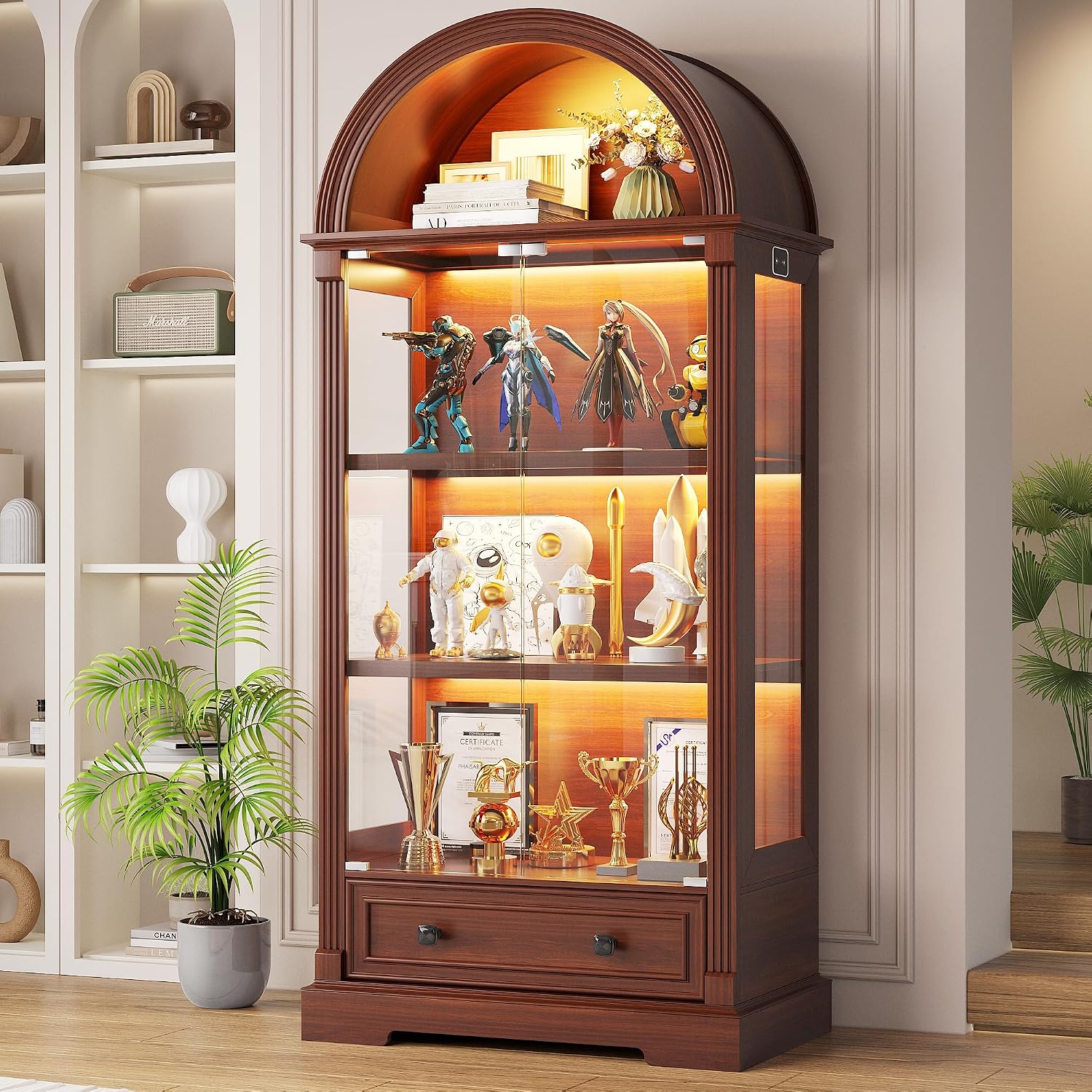 Dystler Curio Cabinet with Glass Doors, 72' Tall Arched Display Cabinet with Human Sensor Lights, 4-Tier Display Case for Collectibles Bookcase Living Room, Walnut