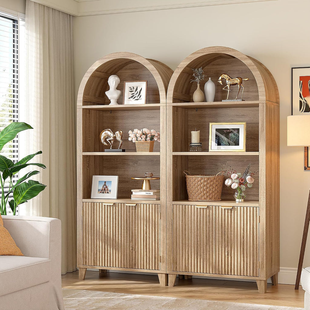 DurayLoly Book Shelf Arched Cabinet, 5-Tier Arched Bookcase with Doors and Adjustable Wood Shelves, Wooden Storage Cabinet with Open Display Shelf for Office,Living Room, Kitchen, Light Oak