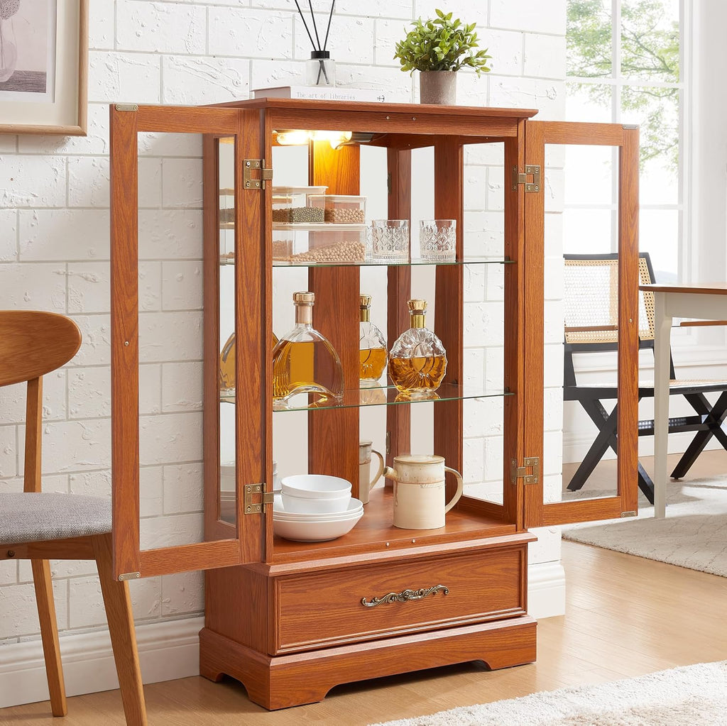 3-Tier Lighted Glass Curio Display Cabinet, 47' H Glass Accent Storage Cabinet with Adjustable Shelves & 1 Drawer, Wooden Wine Display Case with Mirrored Back Panel for Living Room(Dark Oak)