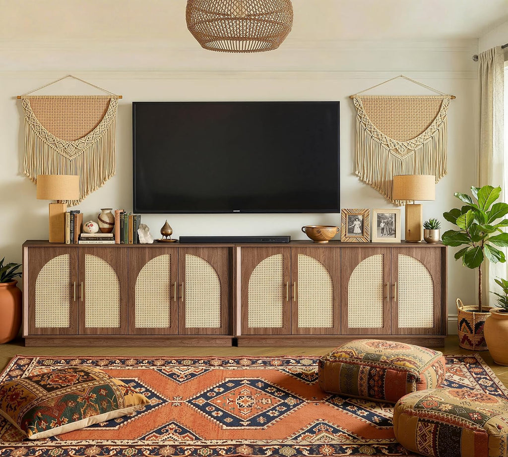 FORTUNETEC 63' Sideboard Buffet Cabinet with Storage, Modern Accent Cabinet with Rattan Arched Doors, Modular Media Console, Boho Credenza for Living Room Kitchen Dining Room Entryway, Walnut