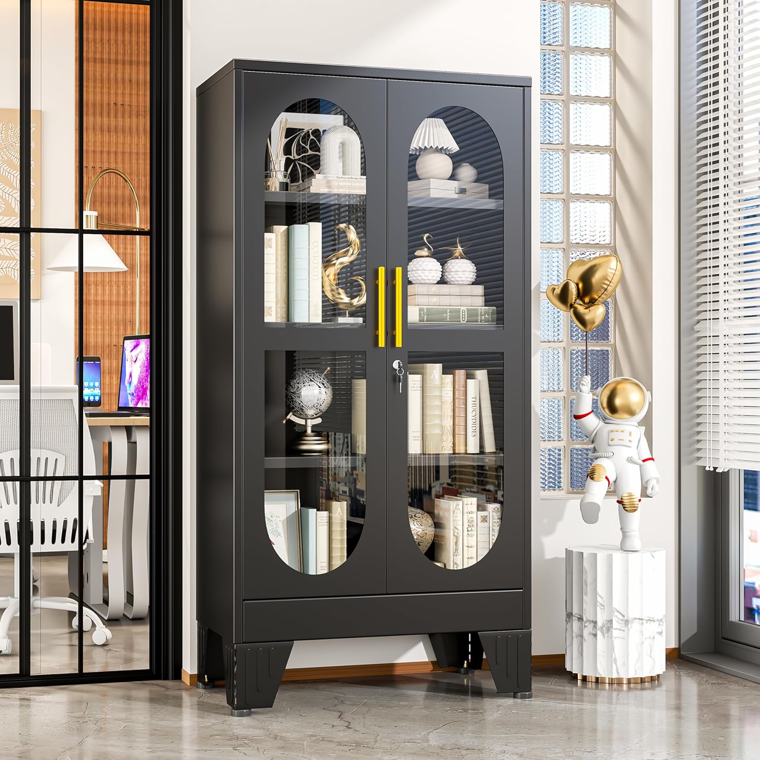 GAIOUS 47' Tall Metal Curio Cabinet, Display Storage Cabinet with Glass Door, 4 Tier Liquor Cabinet with 3 Adjustable Shelves, Locking Glass Display Case for Collectibles, Showcase Cabinets, Black