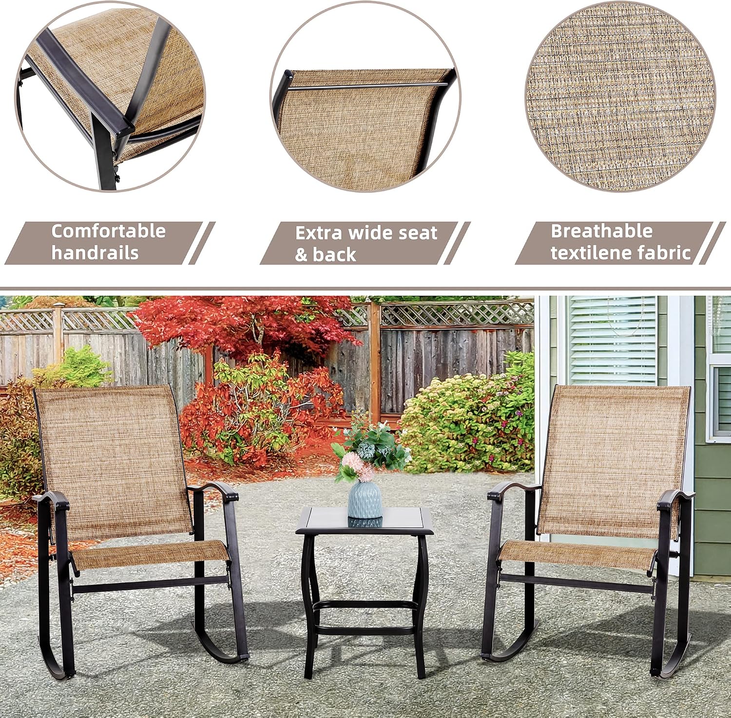 Vongrasig 3 Piece Outdoor Rocking Bistro Set, Textilene Fabric Small Patio Furniture Set, Front Porch Rocker Chairs Conversation Set with Glass Table for Lawn, Garden, Balcony, Poolside (Brown)
