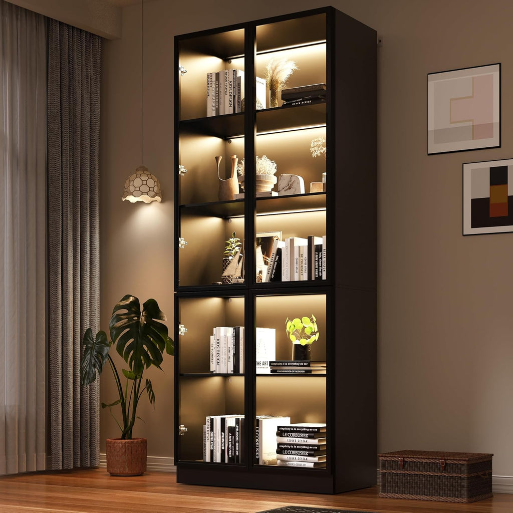 Wildhome Wooden Display Storage Cabinet with Glass Door, LED Lights,Showcase for Collections, Perfume, Vinyl Albums, Bookcase for Home Office, Living Room, Clinic, Pantry (5 Layers-Black)