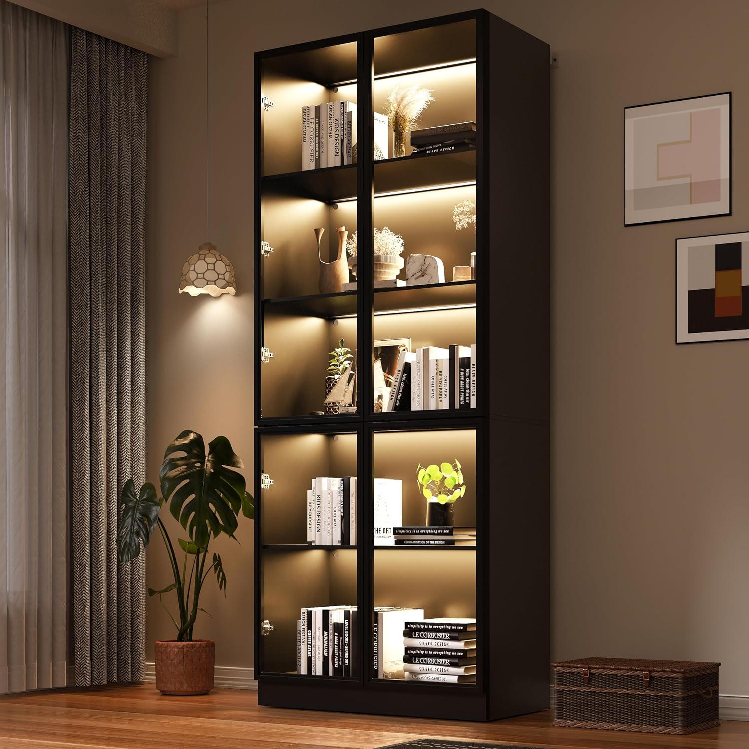 Wildhome Wooden Display Storage Cabinet with Glass Door, LED Lights,Showcase for Collections, Perfume, Vinyl Albums, Bookcase for Home Office, Living Room, Clinic, Pantry (5 Layers-Black)