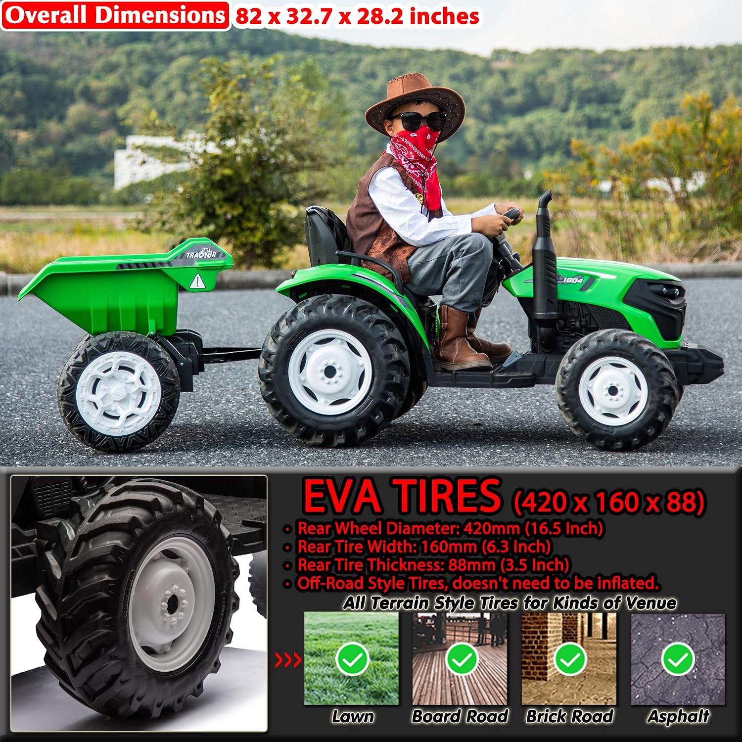 sopbost 24V 10Ah Ride On Toy for Big Kids 6+ 2WD Ride On Tractor with Electric Trailer, Remote Control, Extra Large EVA Wheels, 200 Lbs Load Capacity, Rear Suspension - Green