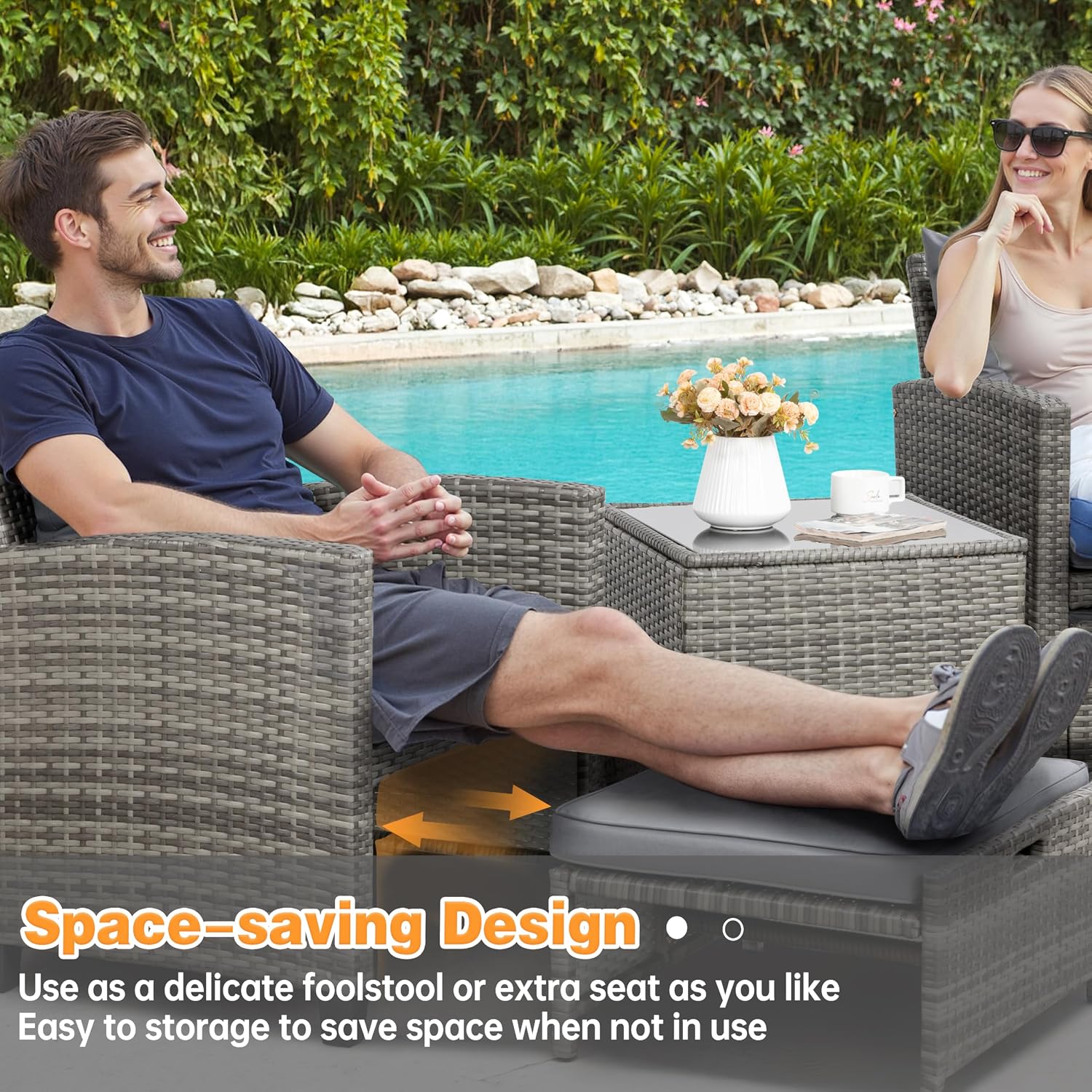 Shintenchi 5 Pieces Patio Furniture Set, Outdoor Wicker Patio Conversation Set with Ottoman, All Weather Rattan Outside Chairs with Coffee Table & Cushion for Porch, Garden, Backyard, Gray