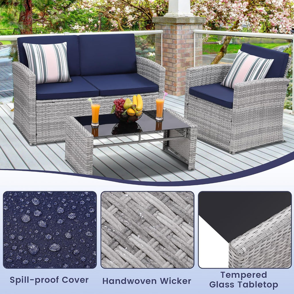 KROFEM 4-Piece Patio Furniture Set, Wicker Outdoor Rattan Sectional Sofa with Cushions and Glass Table, All-Weather Outdoor Conversation Set for Garden, Porch, Backyard, Patio, Blue