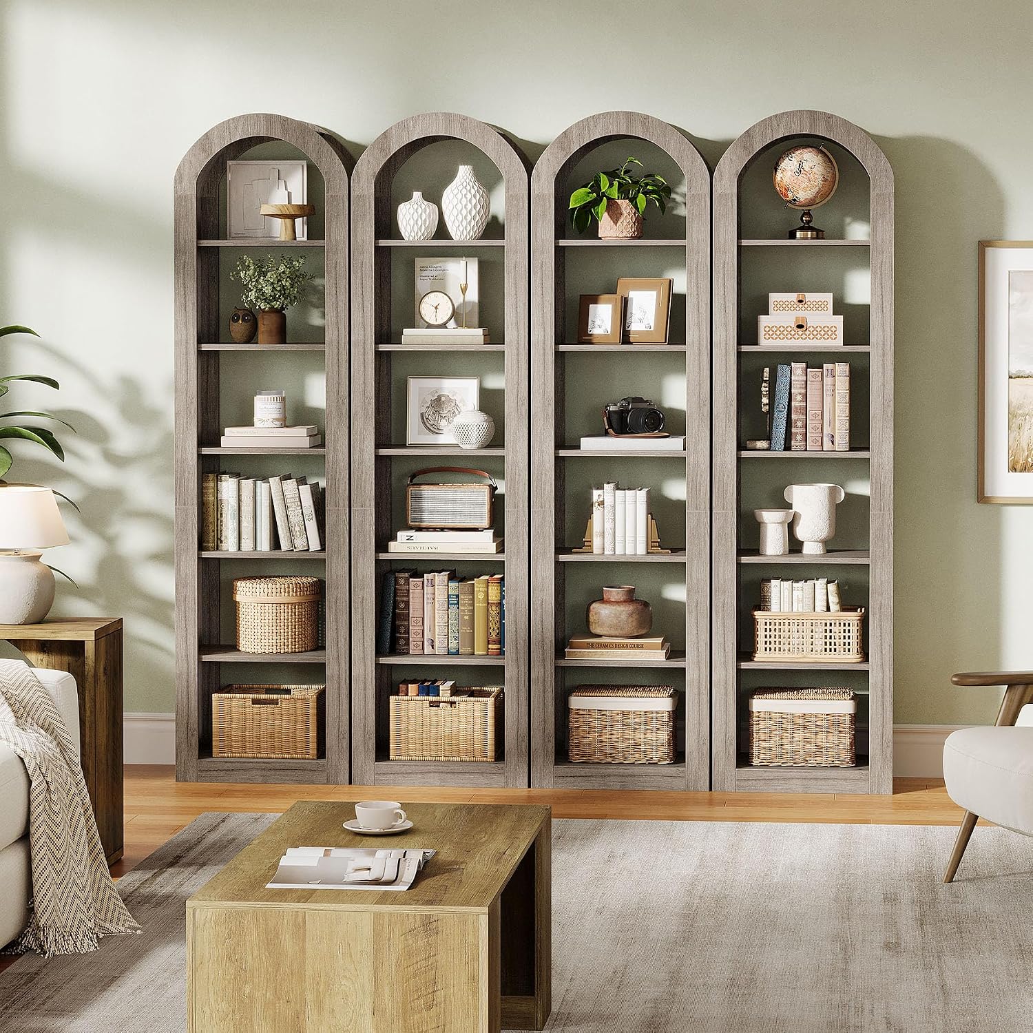 Tribesigns 74.8' Tall Arched Bookshelf, 6-Tier Narrow Open Bookcase, Floor Standing Corner Display Shelves Storage Organizer for Small Space, Home Office, Living Room (Grey, 1 PC)