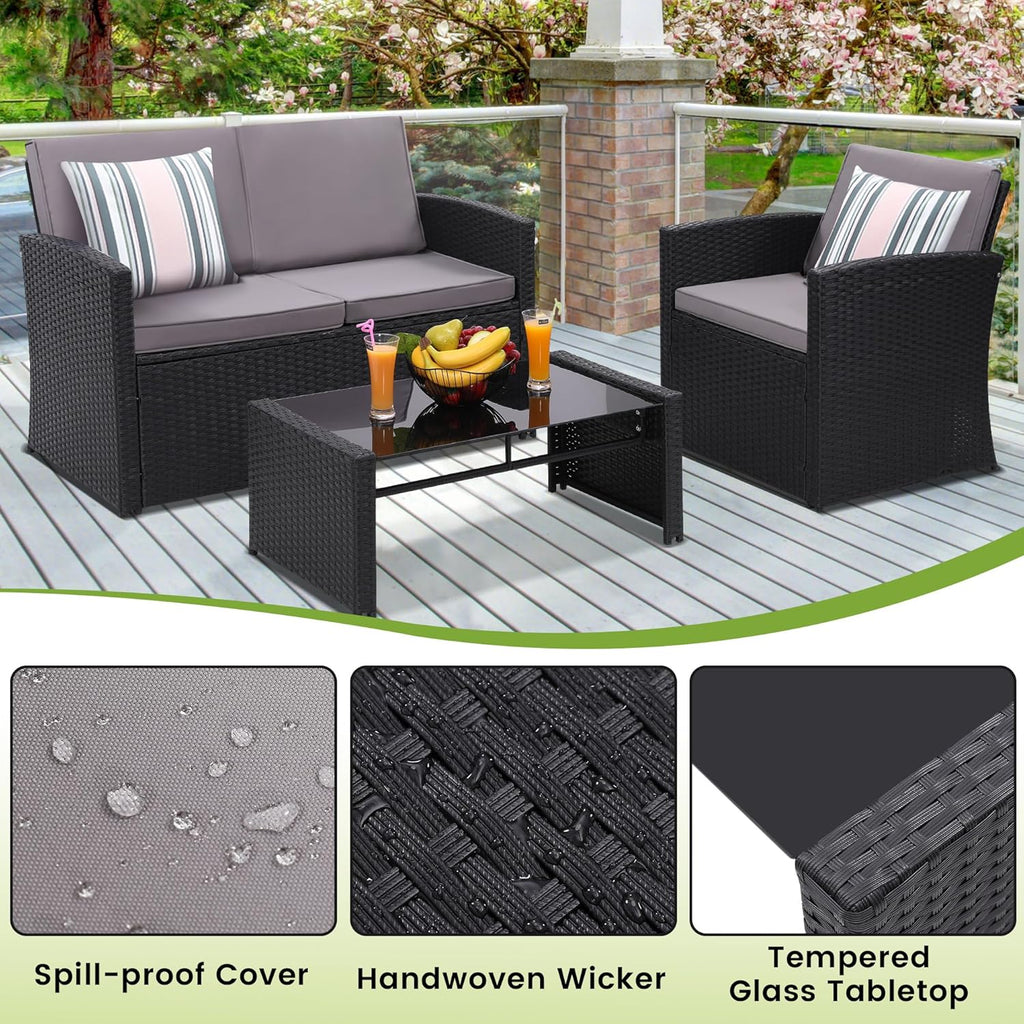 KROFEM 4-Piece Patio Furniture Set, Wicker Outdoor Rattan Sectional Sofa with Cushions and Glass Table, All-Weather Outdoor Conversation Set for Garden, Porch, Backyard, Patio, Black and Grey