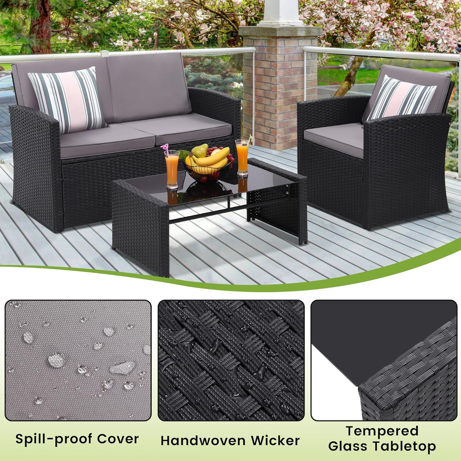 KROFEM 4-Piece Patio Furniture Set, Wicker Outdoor Rattan Sectional Sofa with Cushions and Glass Table, All-Weather Outdoor Conversation Set for Garden, Porch, Backyard, Patio, Black and Grey