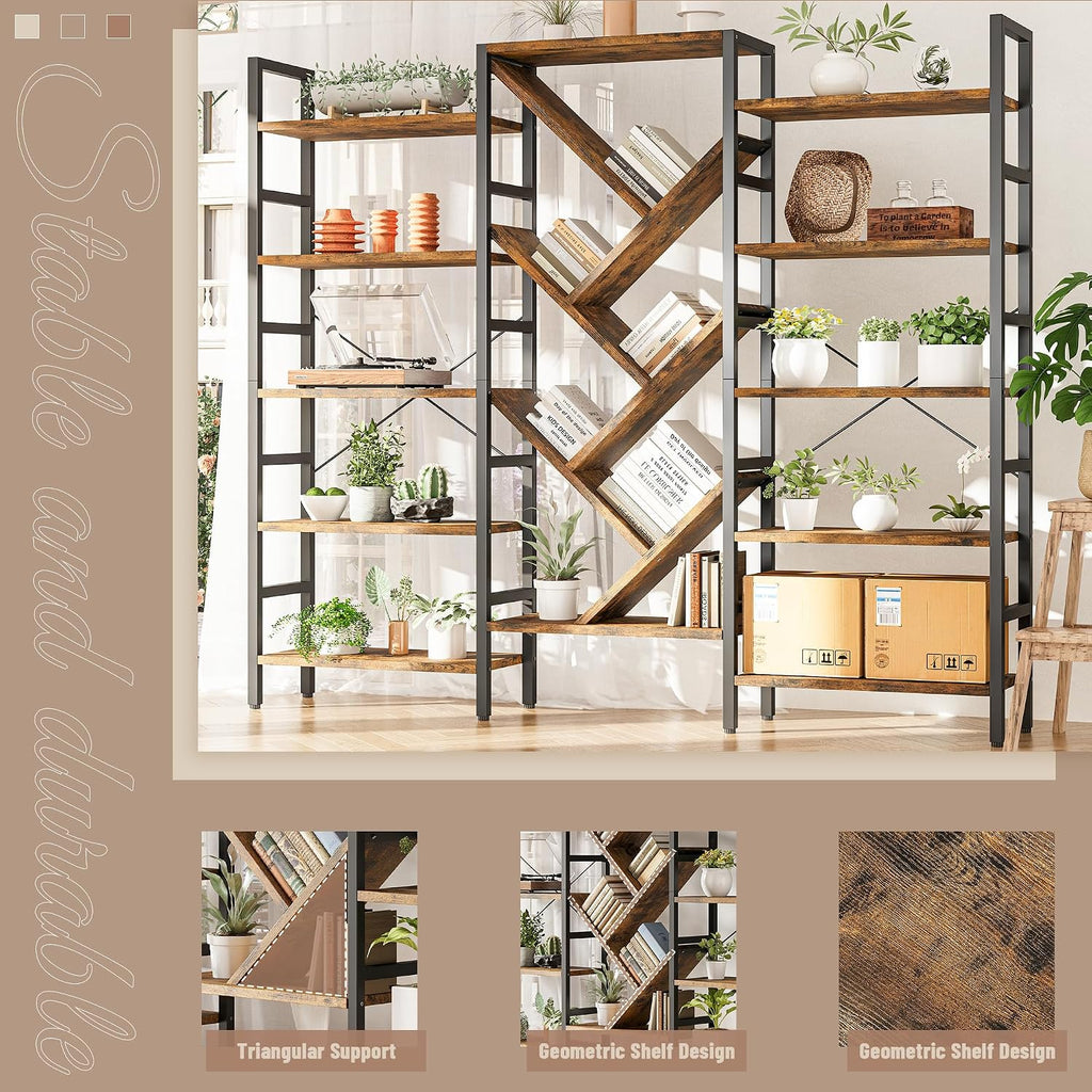 INNOD 70x70 Triple 5 Tier Book Shelf, Large Wooden Bookcase with 17 Open Display Shelf, Modern Tree Bookshelf Metal Frame Tall Book Case Furniture for Living Room Bedroom Home Office Rustic Brown