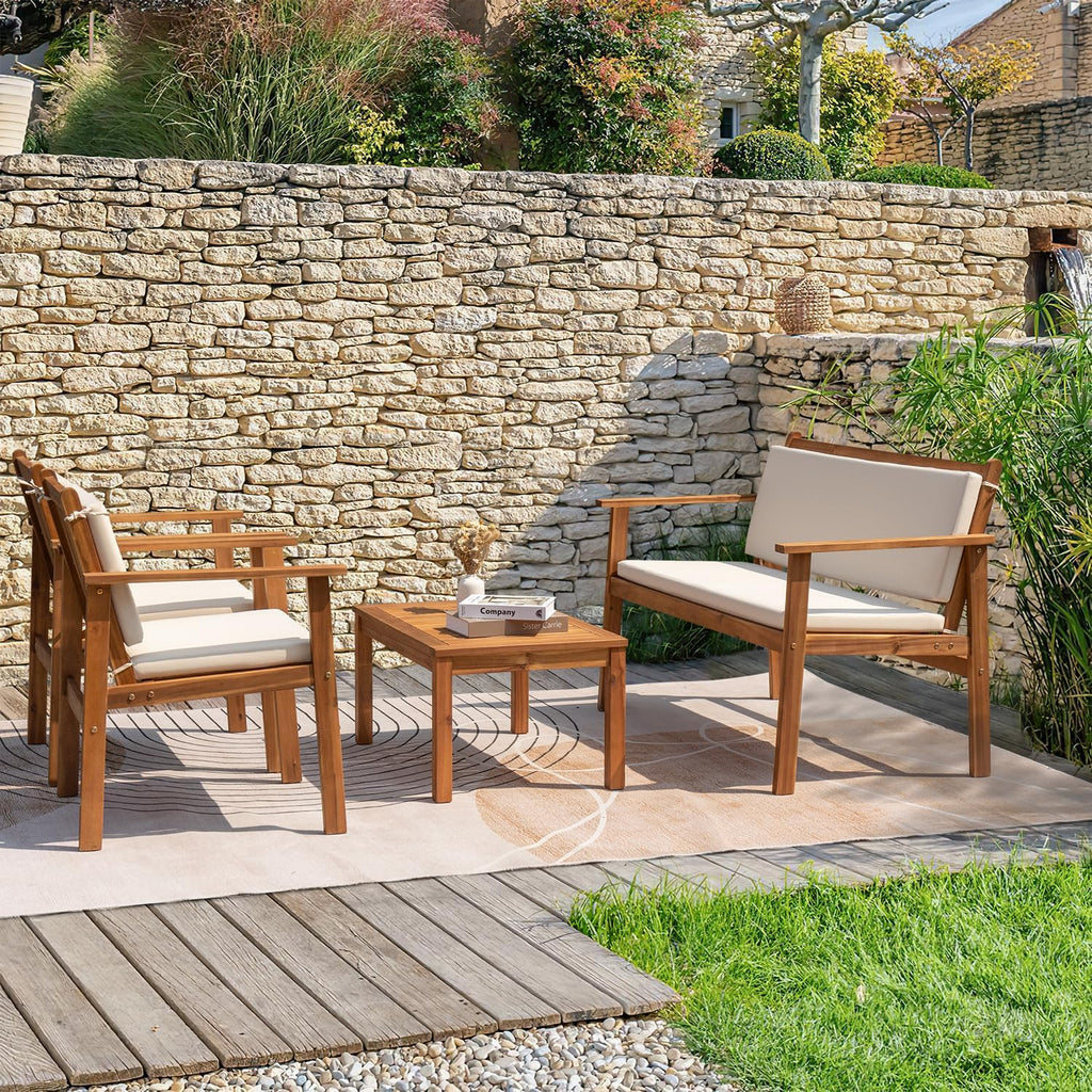 Greesum Outdoor Patio Furniture, 4 Piece Bistro Sofa Set with Coffee Table and Loveseat, Acacia Wood Conversation Sets with Cushions, for Garden, Backyard, Poolside, White
