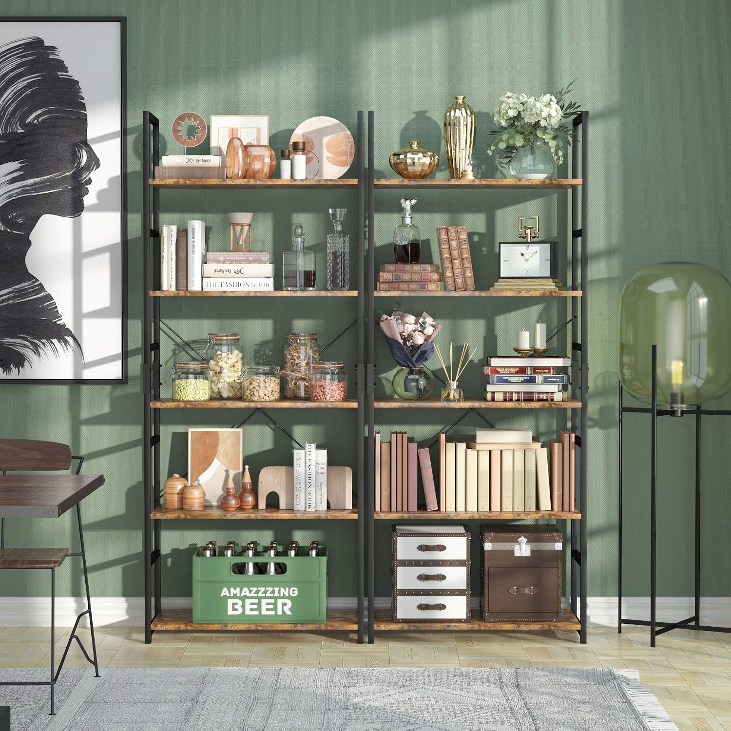 NUMENN 5 Tier Bookshelf, Set of 2 Tall Bookcase Shelf Storage Organizer, Modern Book Shelf for Bedroom, Living Room and Home Office, Vintage