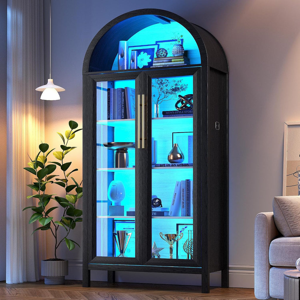 HWB Display Curio Cabinet with Glass Doors, Arched Bookcase 5-Tier Tall Storage Cabinet for Collectibles, Display Case with 3 Color Lights, Human Sensor Design, Black