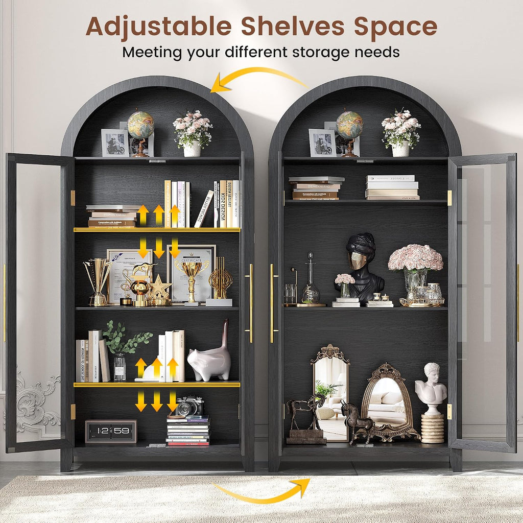 Vlsrka 71' Arched Kitchen Pantry Storage Cabinet with Glass Doors, 5-Tier Display Cabinets for Collectibles, Arched Tall Bookcase with LED Light & Human Sensor, Curio Cabinet with Adjustable Shelf
