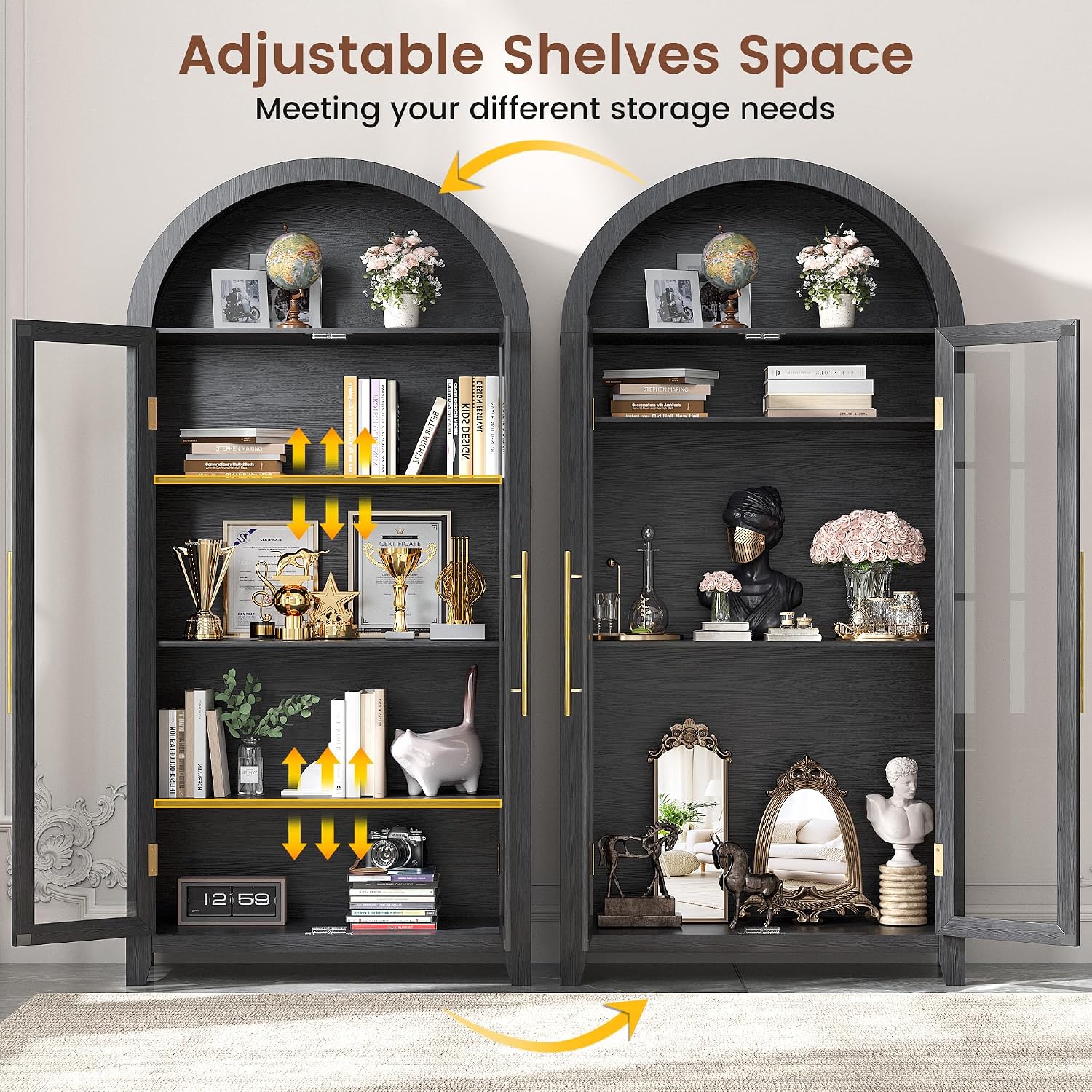 Vlsrka 71' Arched Kitchen Pantry Storage Cabinet with Glass Doors, 5-Tier Display Cabinets for Collectibles, Arched Tall Bookcase with LED Light & Human Sensor, Curio Cabinet with Adjustable Shelf