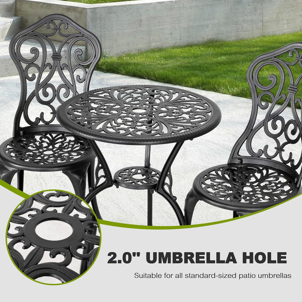 NUU GARDEN 3 Pieces Patio Bistro Set, Outdoor Bistro Set with 2 Chairs, Round Table with Umbrella Hole, All-Weather Outdoor Patio Bistro Set for Garden, Lawn, Poolside, Porch, Black