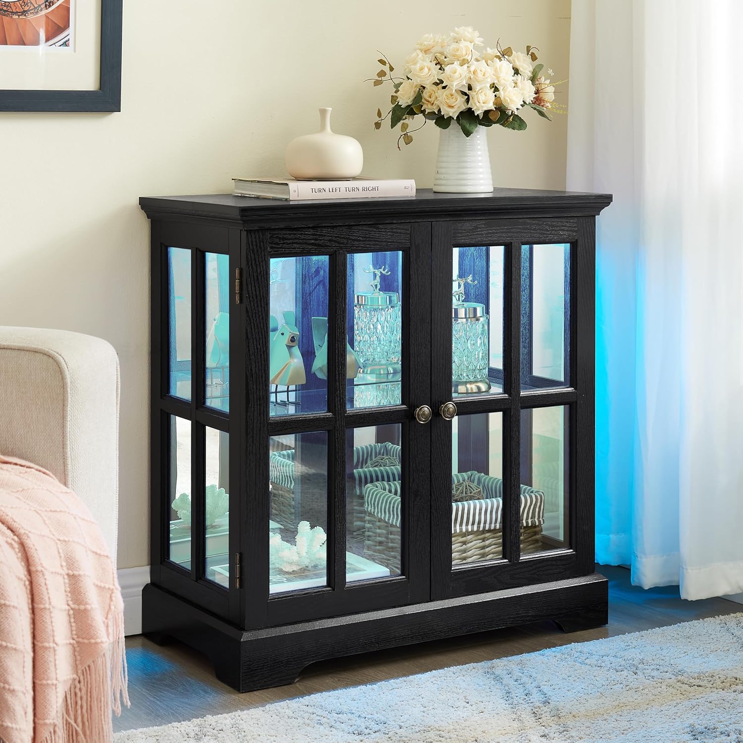 30' Glass Curio Display Storage Cabinet with LED Light, Modern 2 Lattice Doors Tableware Display Sideboard w/Adjustable Shelves, Retro Design Quality Showcase Bookcase for Home (Black)