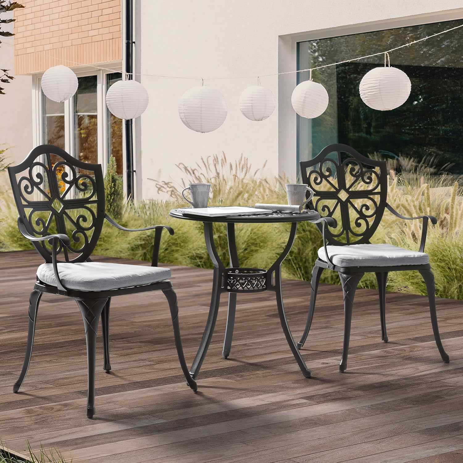 NUU GARDEN 3-Piece Outdoor Bistro Set, Cast Aluminum Patio Bistro Table and Chairs with Umbrella Hole and Grey Cushions, Bistro Set for Patio and Backyard, Black