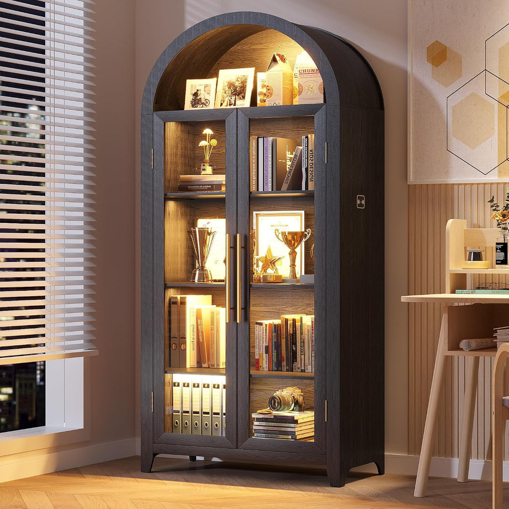 Vlsrka 71' Arched Kitchen Pantry Storage Cabinet with Glass Doors, 5-Tier Display Cabinets for Collectibles, Arched Tall Bookcase with LED Light & Human Sensor, Curio Cabinet with Adjustable Shelf