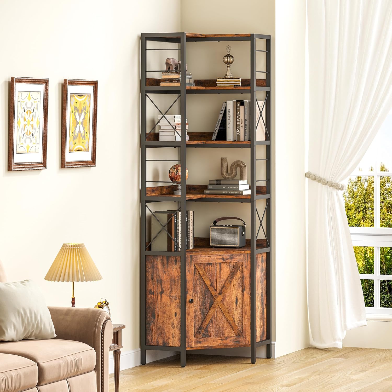 IRONCK Bookshelves 5 Tiers, Corner Bookshelf with Baffles, Bookcase and Bookshelf with Doors, Industrial Display Bookshelves for Living Room, Kitchen