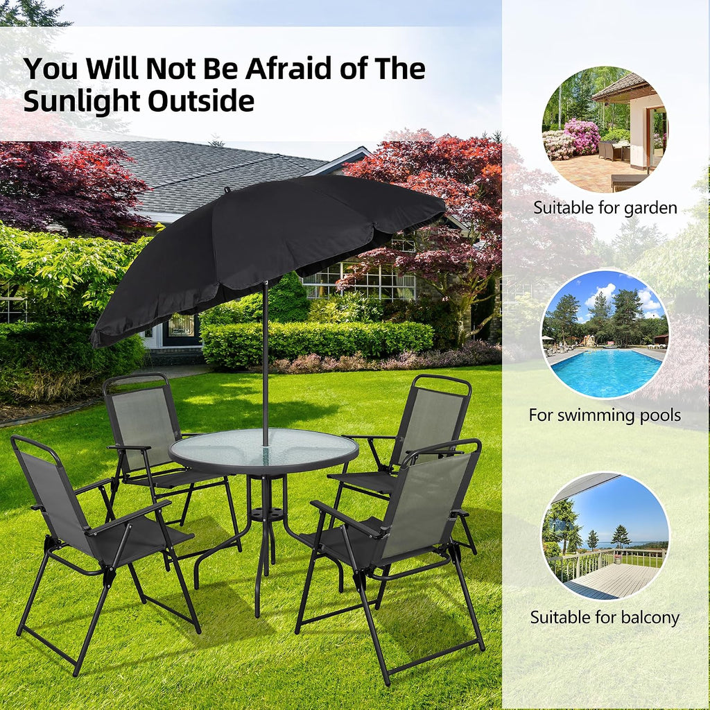 Vongrasig 6 Piece Folding Patio Dining Set,Small Metal Outdoor Garden Patio Table and Chair Set w/Umbrella for Lawn,Deck,Backyard,Black