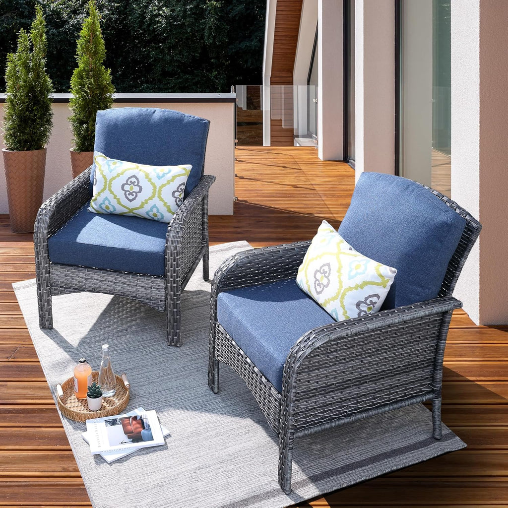 ovios 2-Piece Patio Furniture Set, Outdoor Wicker Sofa with Chairs, High Back Rattan Chair with Comfy Cushions for Porch Yard Deck, Denim Blue