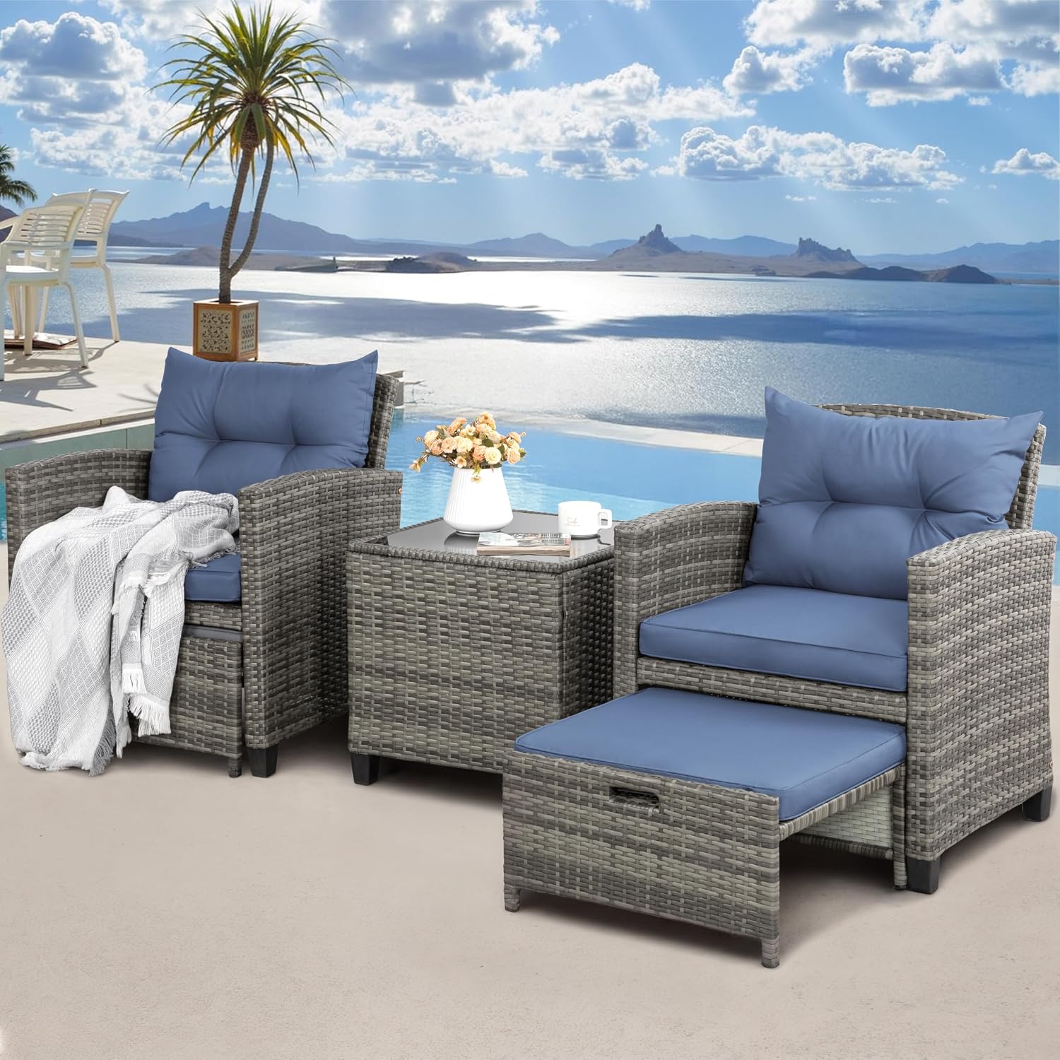 Shintenchi 5 Pieces Patio Furniture Set, Outdoor Wicker Patio Conversation Set with Ottoman, All Weather Rattan Outside Chairs with Coffee Table & Cushion for Porch, Garden, Backyard, Navy