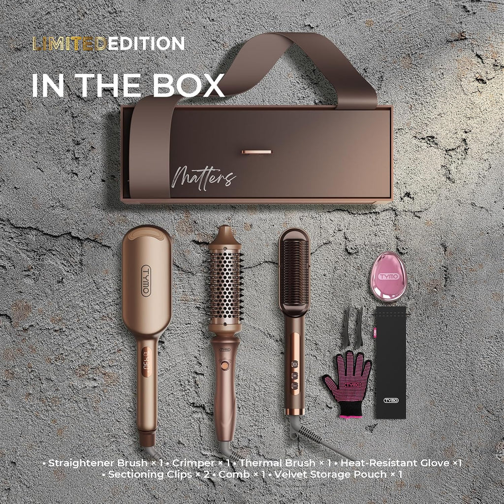 TYMO Limited Edition Styling Set - Include TYMO ROVY Hair Crimper Wave Curling Iron & Ring Plus Straightener Brush & STYLUX Thermal Brush, 3 in 1 Ionic Hair Curler Tool Set for Women