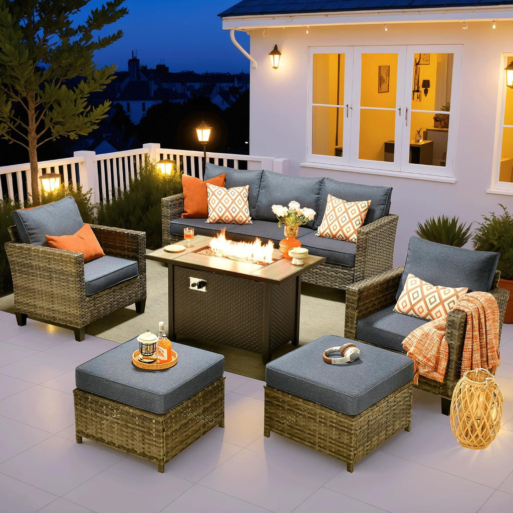 ovios Patio Furniture Set, 6 Pieces Outdoor Wicker Sofa Couch with Fire Pit Table, Ottomans and Comfy Cushions, All Weather High Back Rattan Conversation Set, Denim Blue