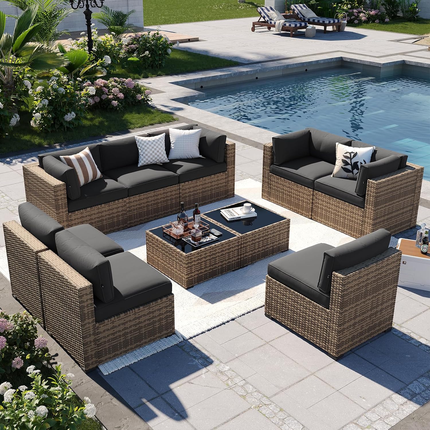 Aoxun Patio Furniture Sets, 10-Piece Outdoor Patio Furniture with Thick Cushions, Wicker Outdoor Conversation Set Sectional Sofa for Backyard, Poolside, Garden