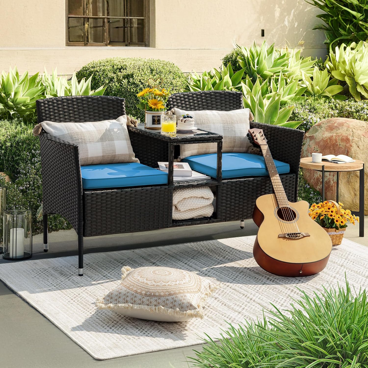Devoko Outdoor Patio Loveseat Modern Rattan 2-Seat Patio Conversation Set with Cushions & Built-in Coffee Table Porch Furniture for Garden Lawn Backyard (Blue)
