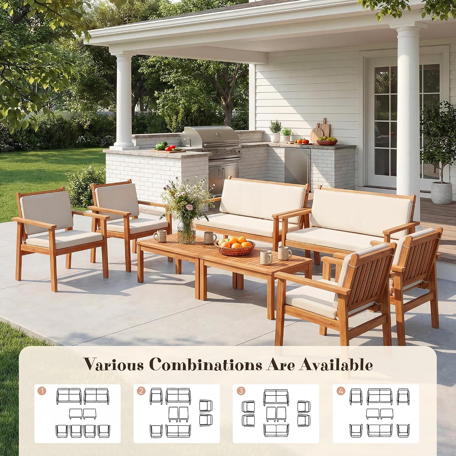 Devoko Patio Furniture Set 8 Pieces Acacia Wood Outdoor Furniture, Patio Set with Table & Cushions for Garden, Deck, Backyard, Natural