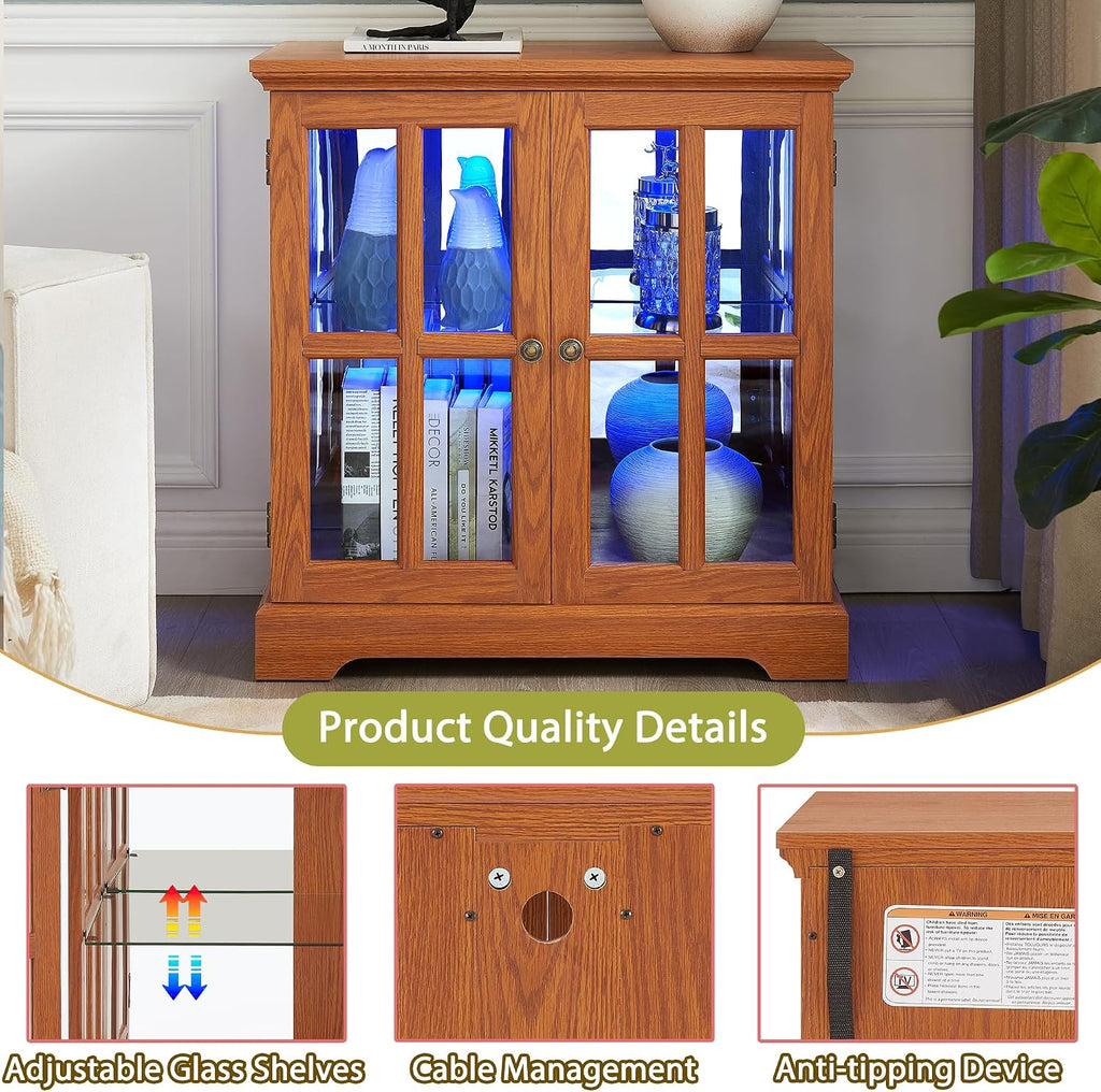 30' Glass Curio Display Storage Cabinet with LED Light, Modern 2 Lattice Doors Tableware Display Sideboard w/Adjustable Shelves, Retro Design Quality Showcase Bookcase for Home (Dark Oak)