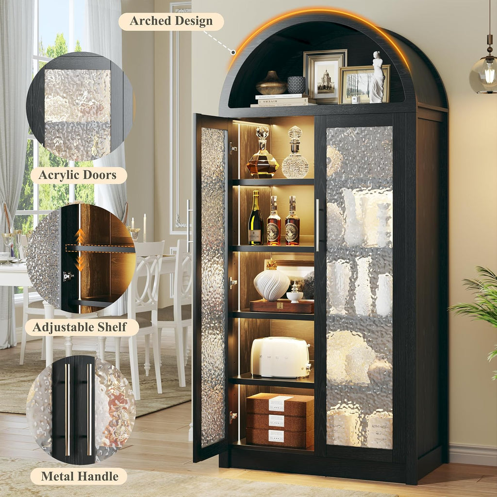 HUAHUU 71' Tall Arched Cabinet with 3 Color Lights, Kitchen Pantry Storage Cabinet with Glass Doors & Adjustable Shelves, Modern 6-Tier Display Cabinets for Living Room, Dining Room, Black