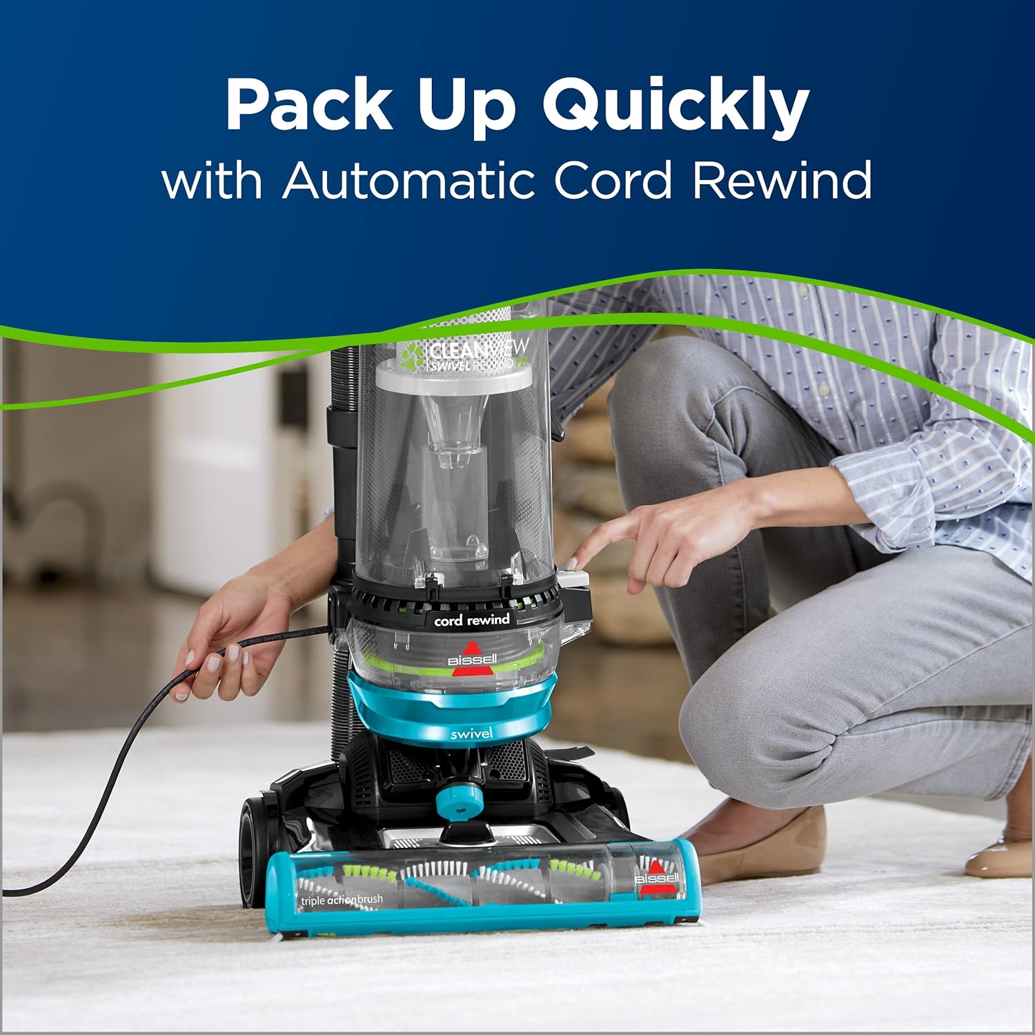 Bissell 2254 CleanView Swivel Rewind Pet Upright Bagless Vacuum, Automatic Cord Rewind, Swivel Steering, Powerful Pet Hair Pickup, Specialized Pet Tools, Large Capacity Dirt Tank, Teal